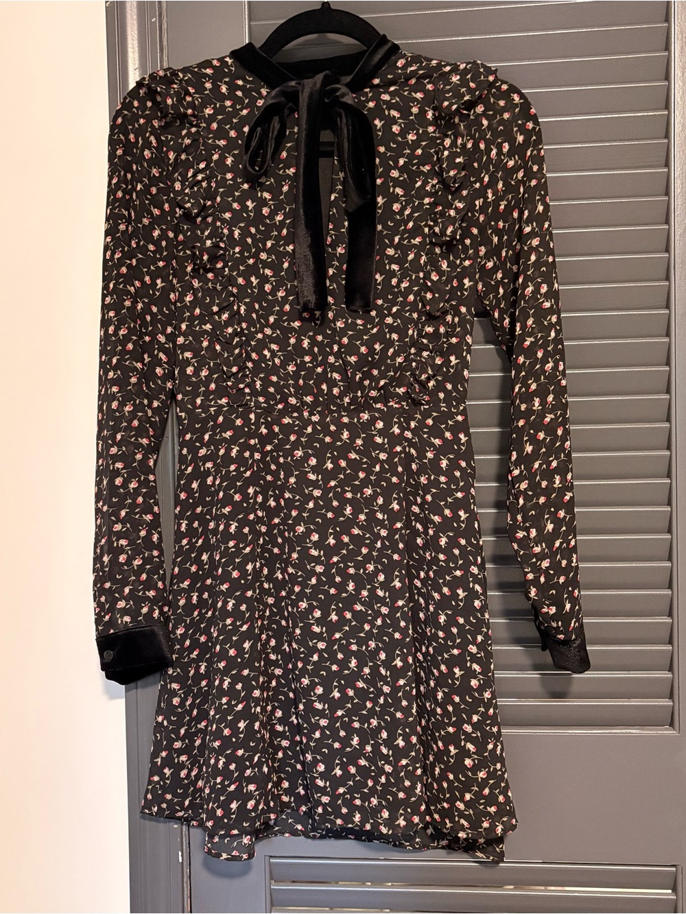 Lush Black Long-Sleeve Floral Velvet Tie-Neck Dress